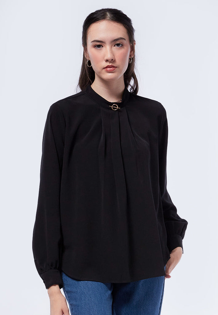 Front Pleated Long Sleeve Blouse