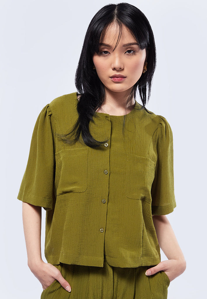 Round Neck Blouse with Front Pocket