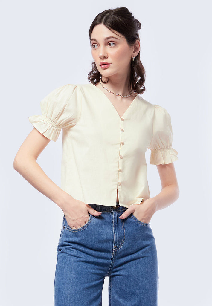 V-Neck Puff Sleeves Crop Blouse