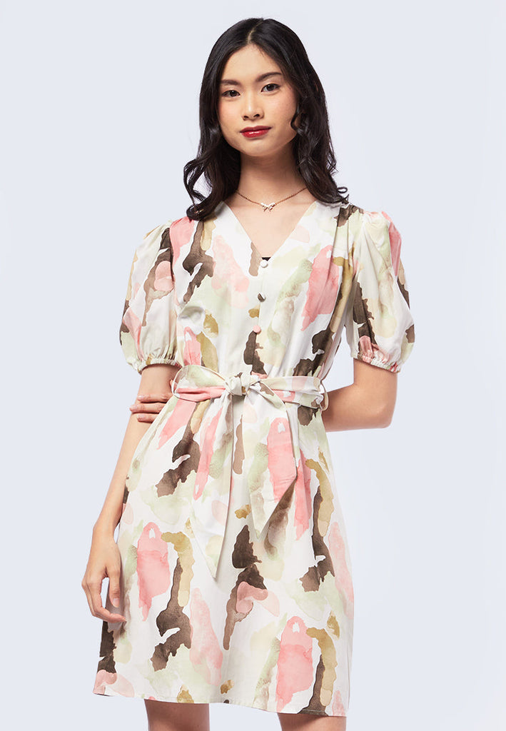Puff Sleeve Printed Dress with Knot