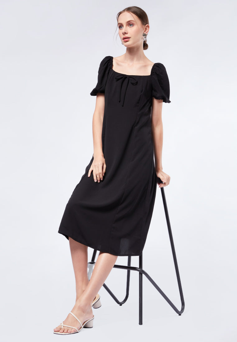 Puffy Shoulder Long Sleeve Midi Dress.