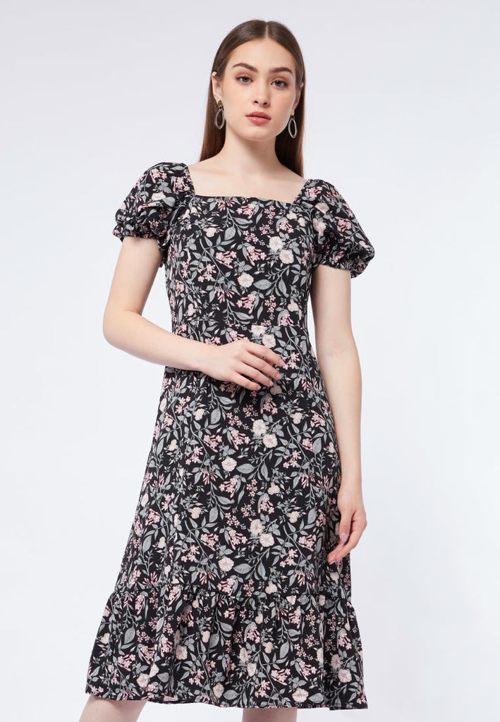 Printed Puff Sleeves Midi Dress