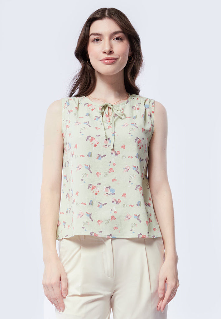 Printed Sleeveless Ribbon Blouse